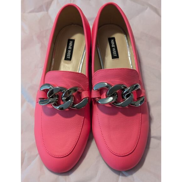 Nine West Neon Pink Silver Chain Round Toe Loafer Women's Size 8.5 - Picture 1 of 6